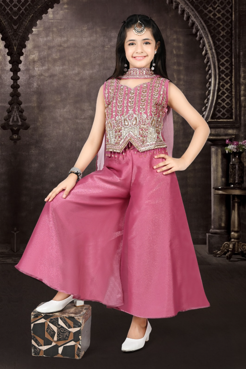 Girls Festive Pink Kurti & Flared Palazzo Set